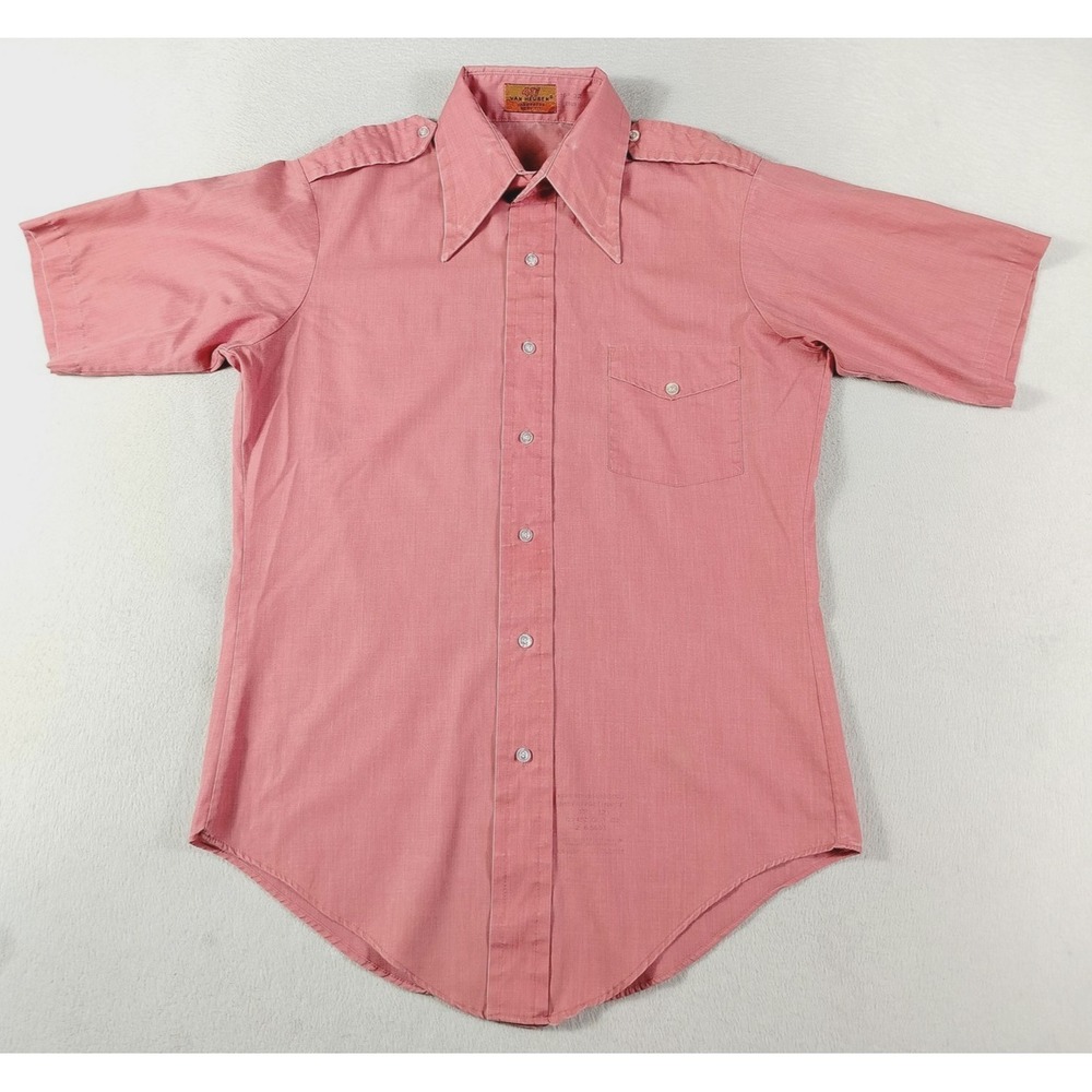 Vintage‎ Van Heusen Shirt Mens 15.5 Pink Short Sleeve Vanopress Epaulet Body Fit